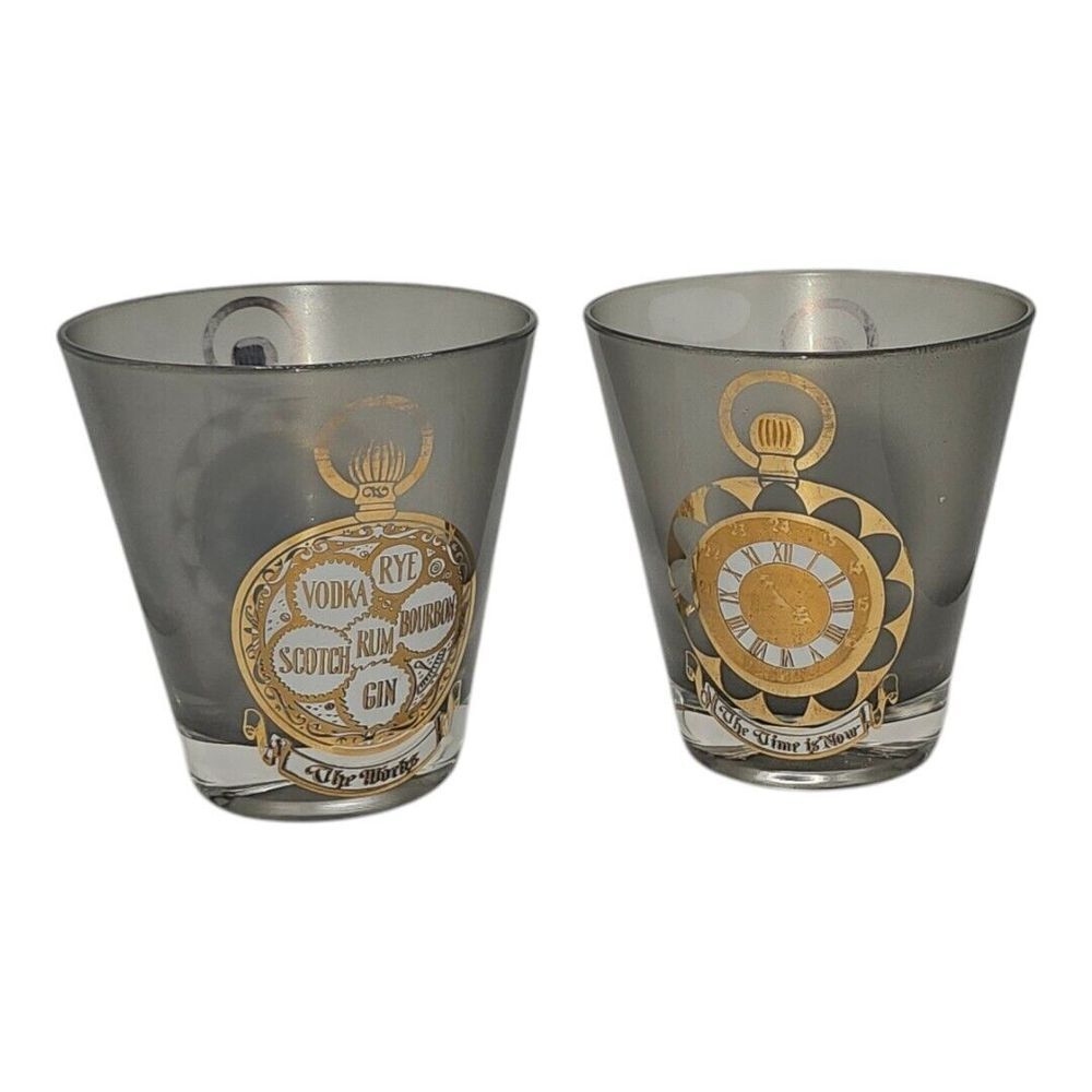 VTG Culver The Time is Now Smoked Pocket Watch Whiskey‎ Barware Glasses Set Of 2